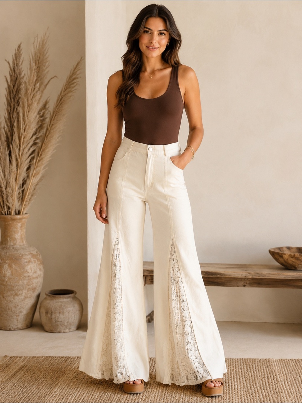 NWT Wisteria Lane Super High-Rise Wide-Leg Lace Inset Pants White SZ 26